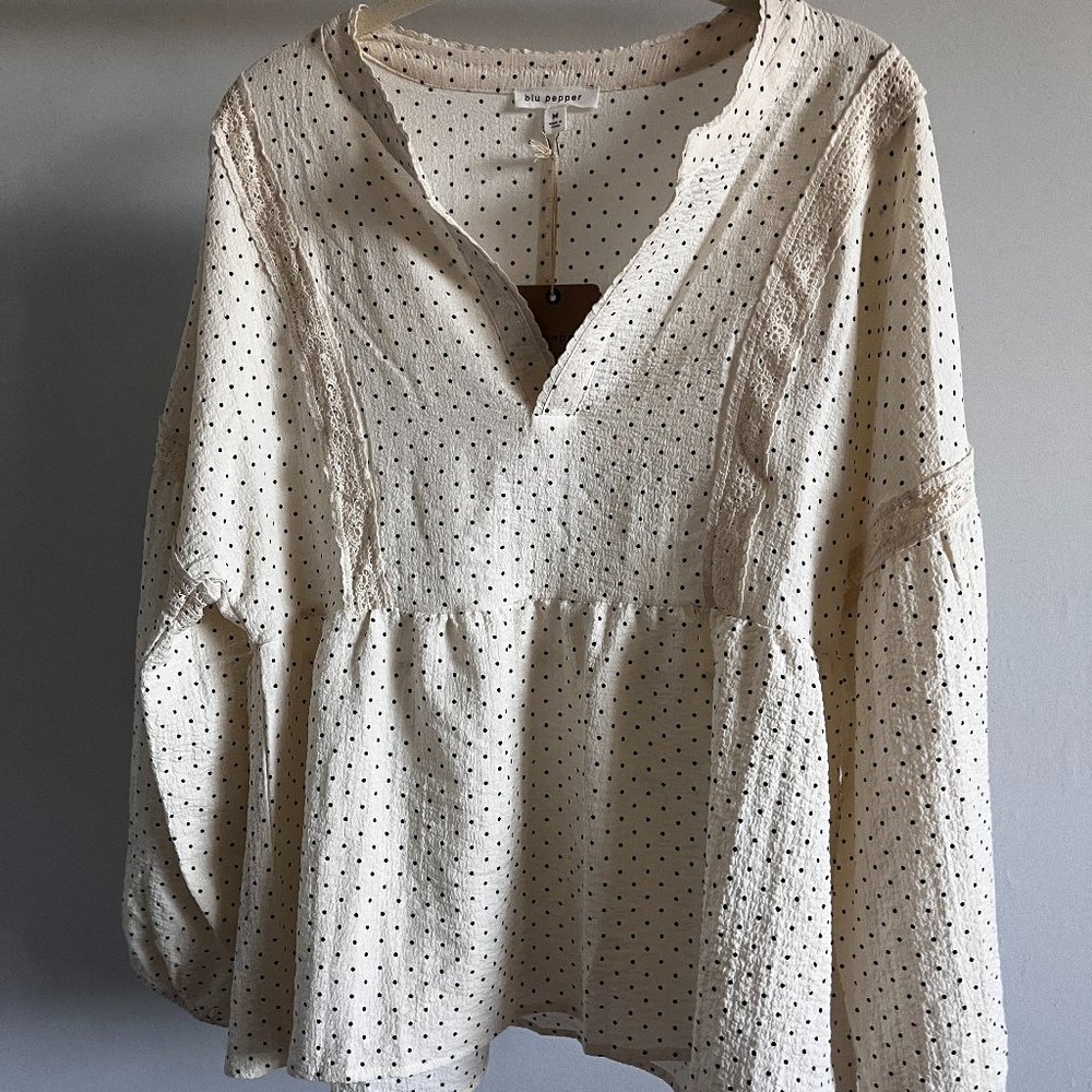 Blu Pepper Cream Dot Print Peasant Blouse